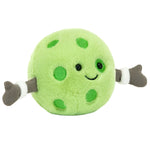 Jellycat’s Amuseables Sports Pickleball is a round, green plush with embroidered spots, a smiling face, and two outstretched arms with brown hands—perfect for pickleball or sports fans!.
