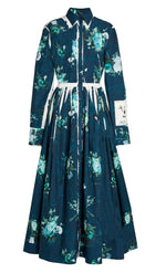 The Erdem Long Sleeve Abstract Rose Shirt Dress features a button-down, collared design in cotton faille with dark teal floral print, white streak accents, and a monochrome patch on one sleeve.