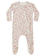 Soft and cozy, the Quincy Mae Baby Bamboo Zip Footie features a pink and beige floral print on white, with an asymmetrical double-zip design for easy changes.
