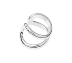 The Alma Ring by Lie Studio showcases two parallel, curved sterling silver open bands positioned vertically on a white background, capturing timeless elegance.