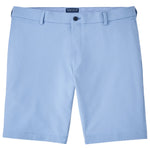 The Peter Millar Matlock Seersucker Performance Short is a light blue men's short with button and zip closure, belt loops, and a straight hem, offering a fit comparable to the Surge short.