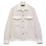 The Angus Linen Shirt Jacket by Rag & Bone is a light beige, lightweight linen button-up with two chest pockets and a collar, shown against a white background.