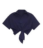 Cara Cara's Asbury Top is a navy blue cropped blouse with a stylish front tie bow and short sleeves.
