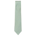 The Atomic Diamond Tie by Robert Jensen is a light green silk tie with a repeating pattern of small blue and white geometric shapes.