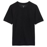 The Rag & Bone Aulton Knit Tee, a plain black short-sleeve crewneck, is shown on a white background and crafted from a lightweight wool blend for all-day comfort.