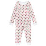 The Girls' Ava Pajama Pant Set by Lila & Hayes is a long-sleeve, full-length Peruvian cotton set with a red bow pattern on white and white cuffs at the wrists and ankles.
