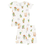 Angel Dear’s Baby and Kids' Loungewear Short Set features a western-themed print with cartoon cacti and animals in cowboy hats on soft, breathable fabric for comfort.
