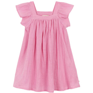 The Girls' Fanelle Dress by Arsene & Les Pipelettes is a rose pink, short-sleeved summer dress with ruffled sleeves, a square neckline, and lightweight fabric.