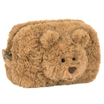 The Bartholomew Bear Pouch by Jellycat is a rectangular brown plush zippered pouch featuring a bear face and ears—a cute teddy bear design perfect for carrying your essentials.