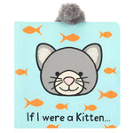 Jellycat's "If I Were a Kitten Board Book" enchants young readers with a whimsical story, featuring a light blue cover adorned with a gray cat face and vibrant orange fish. This touch-and-feel adventure is filled with playful textures for an engaging experience.