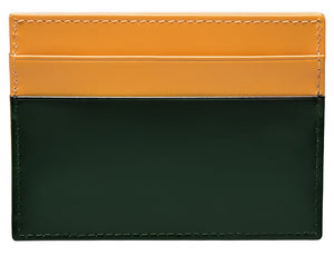 The Ettinger Bridle Flat Credit Card Case is crafted from green and yellow bridle hide leather, features two card pockets, and has visible edge stitching.