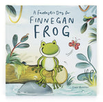 Cover of "A Fantastic Day For Finnegan Frog" by Jellycat, depicting a cheerful Finnegan on a log amid plants and insects.