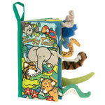 The Jungly Tails Activity Book by Jellycat is a soft touch-and-feel cloth book featuring animal illustrations on the cover and various jungle animal tails sticking out from the side.