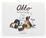 The Jellycat "Otto the Loyal Long Dog" hardback book features charming illustrations of various dogs, including a delightful dachshund, and a whimsical butterfly flutters nearby.
