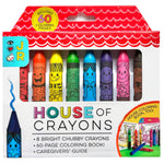 Check out the "House of Crayons" by Bright Stripes, an 8 jumbo crayon set with crayon characters and a vibrant 60-page coloring book. It comes in cartoon-style packaging and includes a caregivers' guide for creative fun.