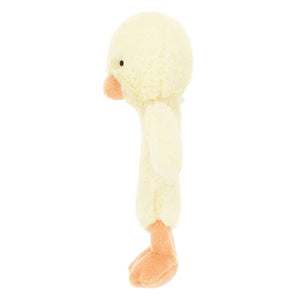 Side view of the Jellycat Bashful Duckling Ring Rattle, a yellow plush duck toy with orange beak and feet, made from recycled fibers, shown standing upright on a white background.