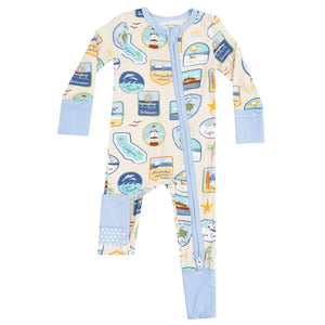 The Angel Dear Baby 2-Way Zipper Romper features soft bamboo viscose, pastel blue cuffs, travel postcard prints, a polka dot leg patch, and meets snug-fit standards for comfort and style.