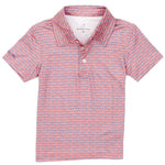The Boys' Inlet Polo by Properly Tied is a short-sleeve, red and blue checkered collared shirt with a button-up front, made from moisture-wicking fabric for comfort and performance.