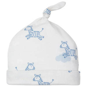 The Baby Love Dreamy Zebras Printed Hat by Kissy Kissy is a white hat made from soft Pima cotton, decorated with a pink dreamy zebras and clouds pattern, and features an adorable knot on top.