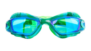 A pair of Bling2O Time to Explore Swim Goggles for kids in reflective green and blue, shown against a white background.