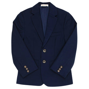 The Beaufort Bonnet Company Boys' Booker Blazer in Nantucket Navy features notch lapels, two front buttons, three sleeve buttons, and a chest pocket—classic prep style displayed on a white background.