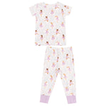 The Angel Dear Baby and Kid's Short Sleeve Loungewear Set features long pants with lavender cuffs and a pastel ballet dancer pattern, meeting snug-fitting standards—ideal for children's pajamas.