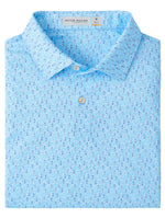A light blue Peter Millar Featherweight Pineapple Mosaic Performance Polo, featuring a subtle geometric pattern, buttoned collar, and lightweight performance fabric.