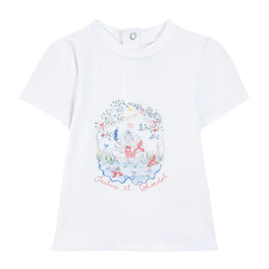 This summer treasure from Tartine et Chocolat is a white Baby Girls' and Girls' Mermaid Graphic Tee with puffy sleeves, featuring a vibrant girl-in-nature illustration and the phrase "J'aime le chocolat" underneath.