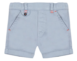 Tartine et Chocolat's Baby Boys' and Boys' Blue Grey Twill Shorts feature front buttons, side pockets with small orange stripes, rolled cuffs, and provide an elegant look for your baby boy.