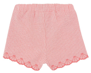 Tartine et Chocolat's Baby Girls' and Girls' Coral Seersucker Shorts feature a scalloped hem and decorative bows, enhanced by embroidered shells. A perfect addition to any girl's wardrobe.