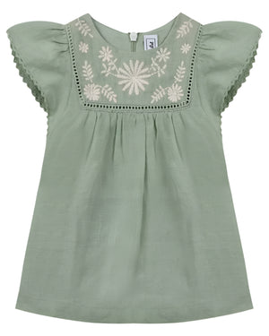 The Tartine et Chocolat Baby Girls' Embroidered Flutter Sleeve Dress in elegant light green is ideal for special occasions, boasting exquisite white floral embroidery on the front and charming scalloped edges.