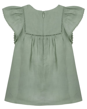 The Tartine et Chocolat Baby Girls' and Girls' Embroidered Flutter Sleeve Dress features a back view with lace-trimmed shoulders, elegant pleats, a comfy button closure, and subtle embroidery for added charm.