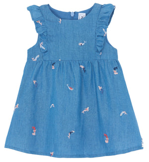 Tartine et Chocolat's Baby Girls' and Girls' Chambray Mermaid Dress features ruffled sleeves and charming siren embroidery. This blue dress perfectly captures playful elegance, ideal for summer days.