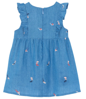 Tartine et Chocolat's Baby Girls' Chambray Mermaid Dress features ruffled sleeves, enchanting siren embroidery, and a whimsical mermaid pattern—ideal for sunny summer days.