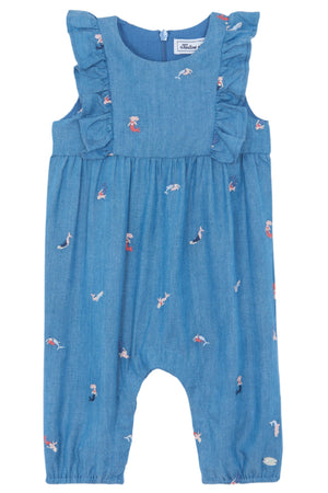 The Baby Girls' Mermaid Chambray Romper by Tartine et Chocolat is a blue sleeveless jumpsuit with ruffled straps and a colorful mermaid pattern, perfect for summer adventures.