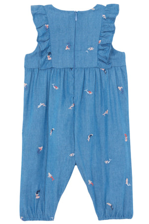 The Baby Girls' Mermaid Chambray Romper by Tartine et Chocolat features ruffled shoulders and cute multicolored mermaid prints, ideal for playful summer days.