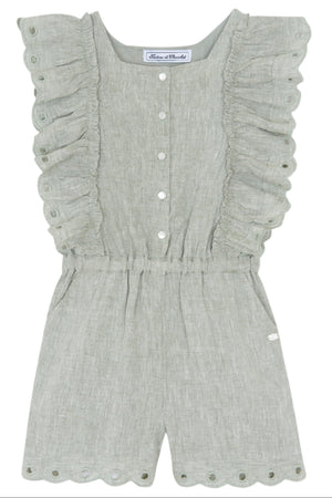 The Girls' Flutter Sleeve Romper by Tartine et Chocolat exudes natural elegance with its light green hue, ruffled cap sleeves, and pearl-like buttons. Featuring a cinched waist, scalloped hem detailing, and delicate openwork detail, it offers an added touch of sophistication.