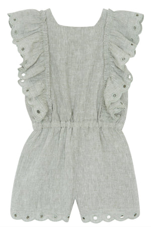 The Tartine et Chocolat Girls' Flutter Sleeve Romper is a gray sleeveless piece featuring ruffled sleeves, openwork details, natural elegance, and an elastic waistband.