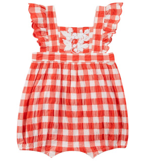 The Baby Girls' Red Gingham Bubble by Tartine et Chocolat features charming floral embroidery on the chest and ruffled straps, perfect for your toddler.