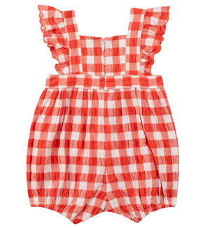The Baby Girls' Red Gingham Bubble by Tartine et Chocolat offers a charming summer look with its red and white checks, ruffled shoulder straps, and gathered waist.
