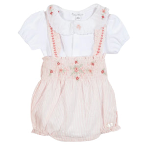 The Tartine et Chocolat Baby Girls' Bubble Romper Set is a charming summer outfit featuring a white ensemble with ruffled collar, short sleeves, and an embroidered floral pattern. It includes attached pink and white striped shorts for added elegance.