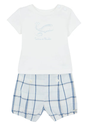 The Tartine et Chocolat Baby Boys' Tee and Bloomer Set includes a white short-sleeve shirt with a delicate whale design, paired perfectly with white and blue plaid shorts featuring charming button details.