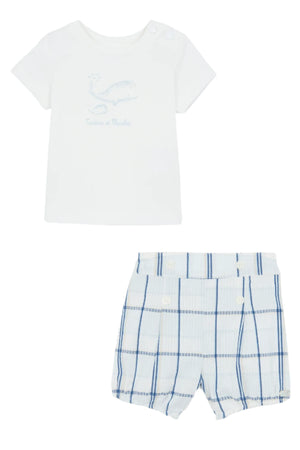 The Tartine et Chocolat Baby Boys' Tee and Bloomer Set features a charming summer outfit with a white short-sleeve top adorned with an adorable whale illustration and text, paired perfectly with plaid shorts in blue and white.
