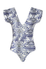 The Lisette One Piece by Carolina K features a deep V-neck, cap sleeves, and a blue and white zebra stripe pattern, offering stylish UV protection.