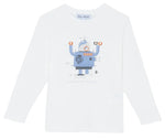 The Boys' Robot Illustration Long-Sleeved T-Shirt by Tartine et Chocolat features a blue robot graphic with labeled parts and the brand name below.
