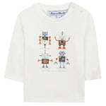 The Baby Boys and Boys' Robots Illustration T-Shirt by Tartine et Chocolat features four colorful cartoon robots and the brand's printed logo underneath.