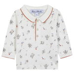 The Tartine et Chocolat Baby Boys' and Boys' Robots Illustration Long Sleeved Polo features a white base, fun robot designs, and bold orange trim on the collar and cuffs.