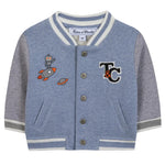 The Tartine et Chocolat Baby Boys' and Boys' Easy Bomber Cardigan features a sporty blue and gray design with snap buttons, striped collar and cuffs, front pockets, plus embroidered robot, rocket, planet, and "T&C" details.