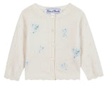 The Tartine et Chocolat Baby Girls' and Girls' Emeraude Embroidery Floral Cardigan features a cream color, front buttons, and delicate light blue floral embroidery.