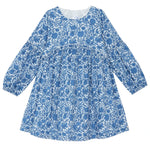The Girls' Liberty Printed Dress by Tartine et Chocolat is a charming blue and white floral chambray dress for girls, featuring long sleeves, a round neckline, knee-length cut, and a slightly gathered waist.